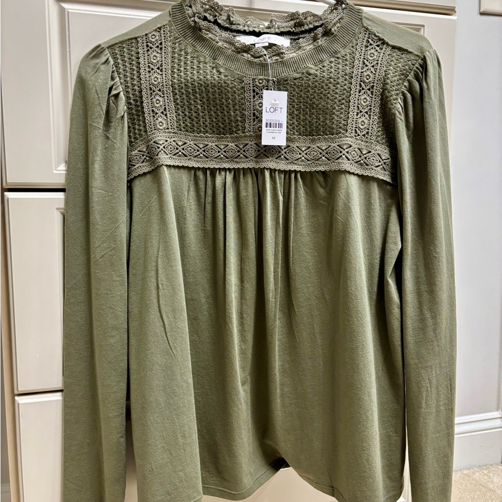 LOFT Sage Green Lace Detail Blouse NWT